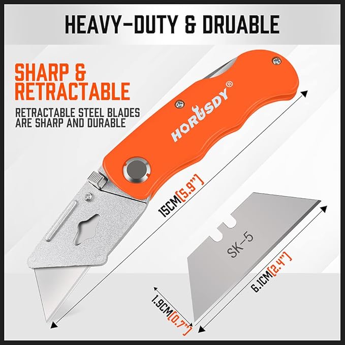 HORUSDY 4-Pack Folding Utility Knife, Box Cutter for Cardboard, Boxes and Cartons, Extra 10pcs SK5 Quick Change Blades.