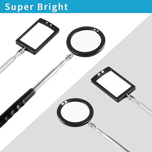 2 Pieces Telescoping Inspection Mirror LED Light Set with Large 3.75" Round Mirror, and 3.3" Square Mirror, Flexible 360 Swivel, for Inspection Viewing, Mechanic Checking, Observation