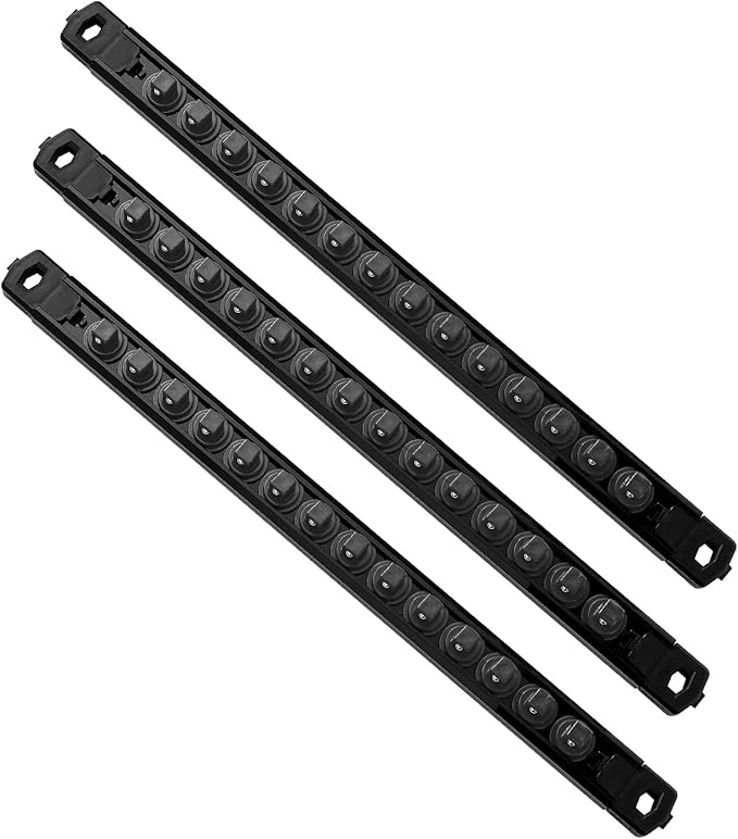 Magnetic Socket Organizer, 3-Piece Heavty Duty ABS Socket Holder, Socket Rail for Tool Box, Premium Quality 360° Swivel Socket Rack with 42 Clips for 3/8-Inch(Black)