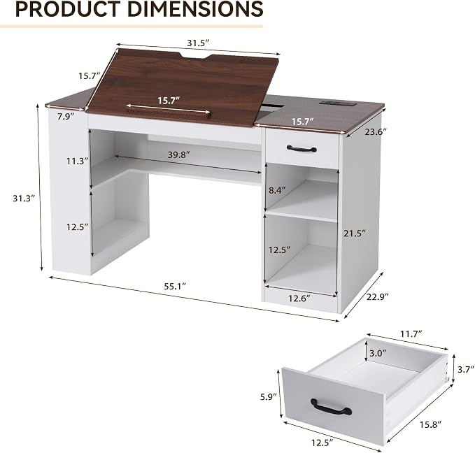 Verano Garden 55.1" Drafting Table, Craft Art Table, Computer Desk | Storage - Image 2
