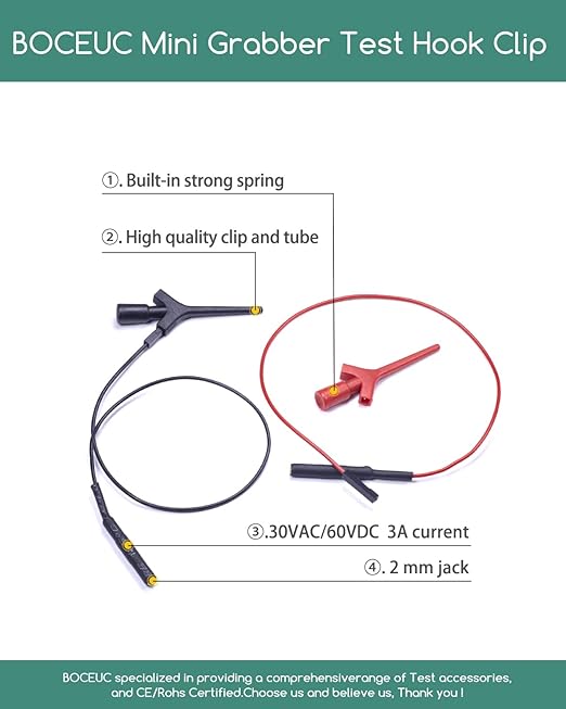 Multimeter Test Hook Clip, Mini SMD Grabber Test Clip with Lead to 2mm Jack Socket, Test Lead Minigrabber for Logic Analyzer