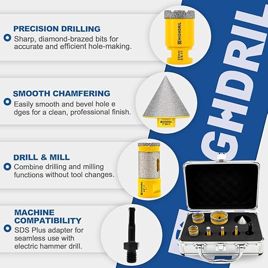 HIGHDRIL Diamond Drill Bits Kit - 6/8/10/35/50mm/25mm Finger Bit+50mm Chamfer Bit+SDS Adapter with 5/8-11 Thread for Porcelain Ceramic Tile Granite Marble Brick
