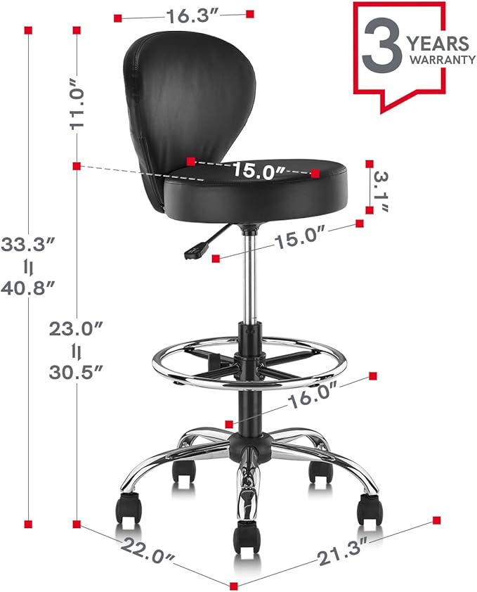 PVC Faux Leather Drafting Chair Rolling Swivel Salon Stool Seat Adjustable Height 30 Inch with Back Support Foot Rest Hydraulic Wide Seat Diameter 15 in for Tattoo Beauty Barber Lash