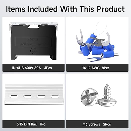 4Pcs DIN Rail Terminal Blocks with Cover, IN-411S 600V 60A Electrical Connection Terminals, 8Pcs 14-12 AWG Insulated Fork Spade Wire Connectors & 3.15 Inch DIN Rail Included