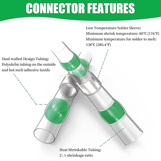 200PCS Solder Seal Wire Connectors Green 18-16 AWG, Marine Grade Self Soldering Heat Shrink Wire Connectors Waterproof Insulated Electrical Butt Splice Wire Terminals for Automotive Boat Truck
