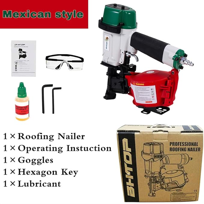 BHTOP Mexican CN45N Roofing Nailer, 15 Degree Roofing Nail Gun, 3/4-Inch to 1-3/4-Inch Coil Nails, 120-pcs Load Capacity Coil Naile (Green/Red）