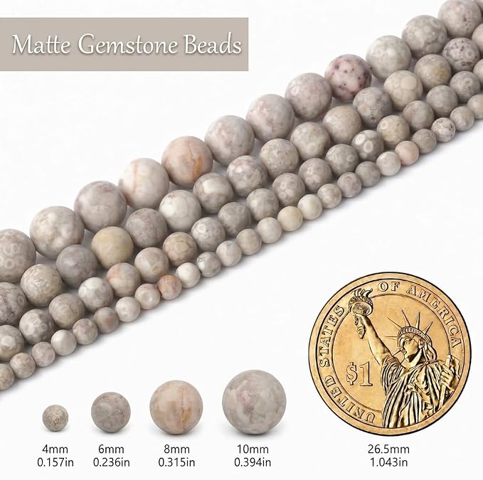 6mm Matte Flowery Cowry Fossil Bead, 15-Inch Matte Round Loose Stone Beads - Image 3