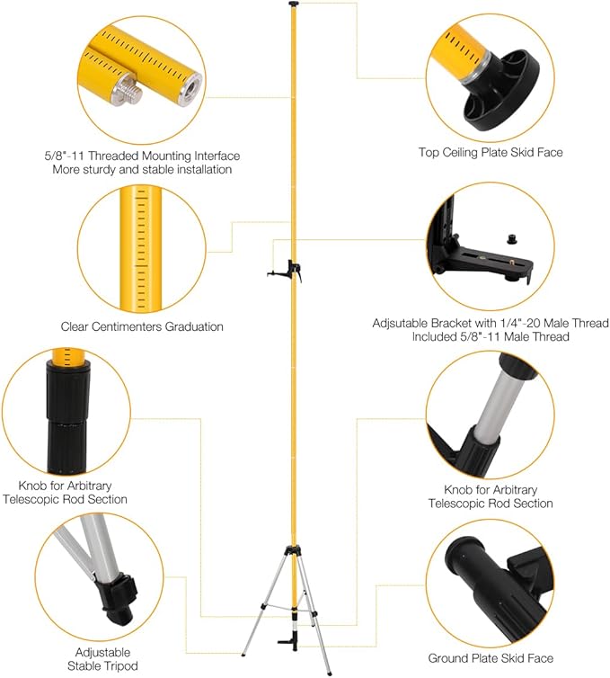 15.8Ft/4.8M Professional Telescoping Laser Level Pole with Tripod & Laser Mount - 1/4"-20 & 5/8"-11 Adapters, Adjustable Laser Pole Mount for Rotary/Line Lasers
