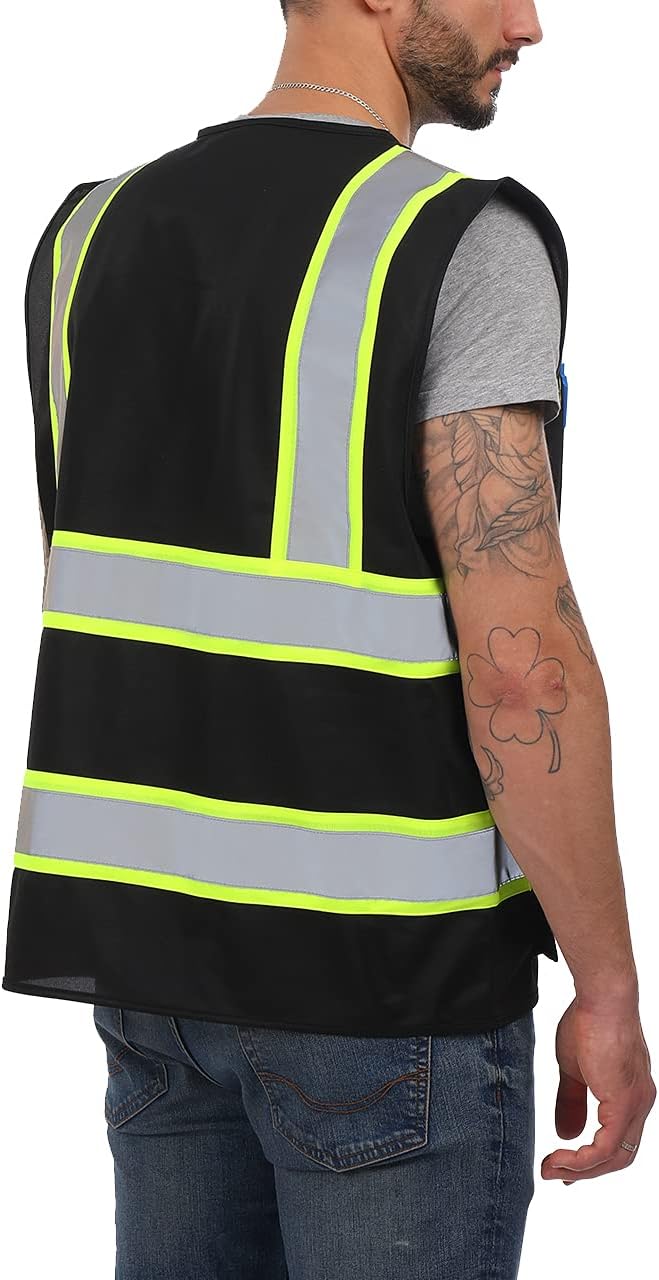 Dib Safety Reflective Vest High Visibility with Pockets and Zipper, Black with Yellow Trim 3XL