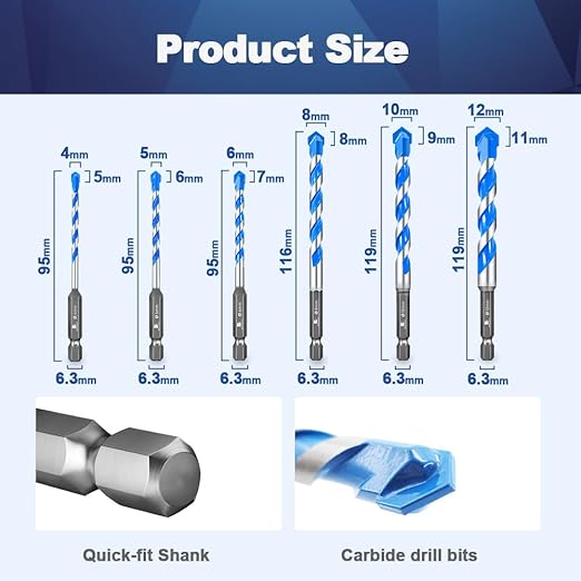 Carbide Drill Bit Set - Dry Drill Bit Set for Masonry, Concrete, Bricks, Wood, Plastic etc(4/5/6/8/10MM*2 Quick-fit Shank)