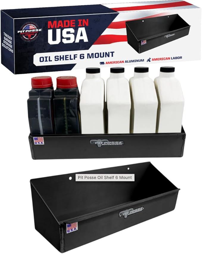 Pit Posse 563BK Oil Shelf Caddy Six Bottle Rack Holder- Made in USA - Holds 6 Quarts of Automotive Motor Engine Oil - Enclosed Race Trailer Shop Garage Aluminum Storage Organizer (Black)