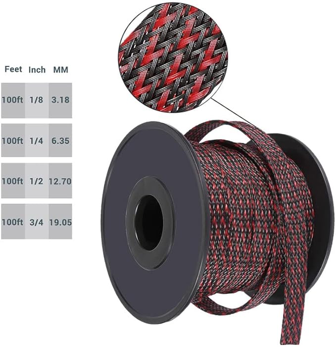 PET Expandable Braided Sleeving Wire Loom 1/8 Inch Cable Wrap Cable Sleeve Wire Protector Sleeve Tubing 100Feet, Red&Black