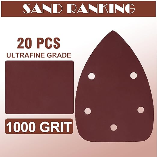 1000 Grit Mouse Sander Sandpaper, Jamiikury 5 Hole Detail Sander Sandpaper Palm Sander Paper Mouse Sanding Pads Hook and Loop Sanding Sheets - Pack of 20