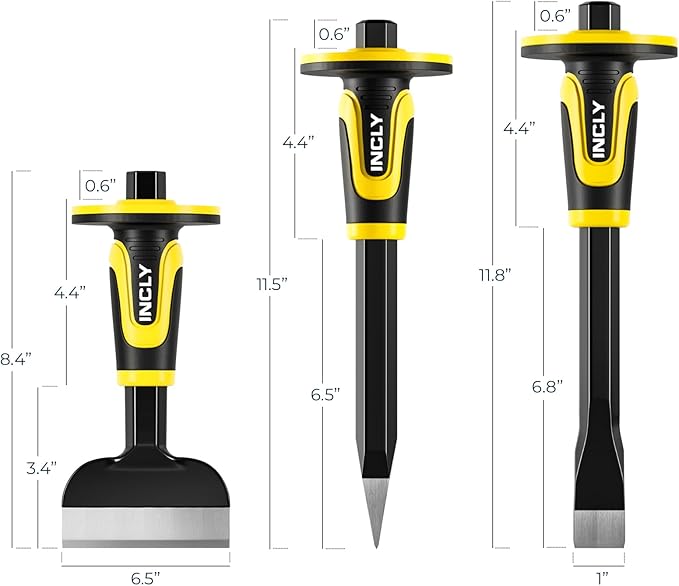 INCLY 3PCS Masonry Chisel Set with Hand Guard, Stone and Rock Chisel, Heavy Duty Concrete Chisel Tools Including 11 Inch Point & Flat, 8 Inch Brick Chisels for Breaking Splitting Cutting