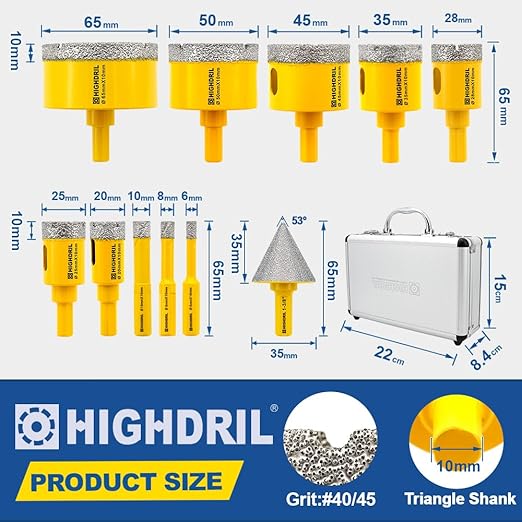 HIGHDRIL Diamond Drill Bits Kit with Triangle Shank for Porcelain Tile Ceramic Marble Brick Concrete Vacuum Brazed Hole Saw(6/8/10/20/25/28/35/45/50/65mm+35mm Hex Shank Chamfer Beveling Bit
