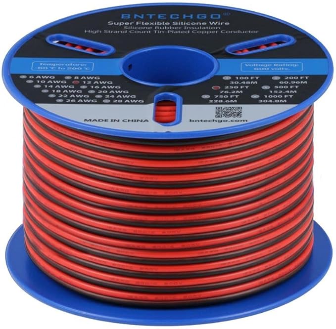 BNTECHGO 12 Gauge Flexible 2 Conductor Parallel Silicone Wire Spool Red Black High Resistant 200 deg C 600V for Single Color LED Strip Extension Cable Cord,Model 250ft Stranded Tinned Copper Wire