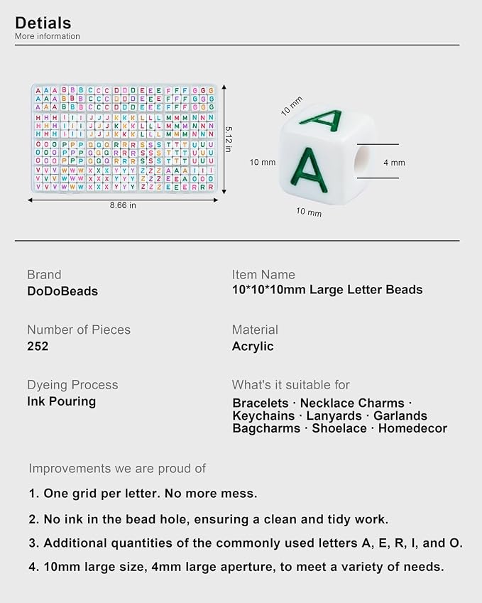 DoDoBeads 252 Pcs 10mm Chunky Square Letter Beads, Colorful Big Alphabet Beads - Image 3