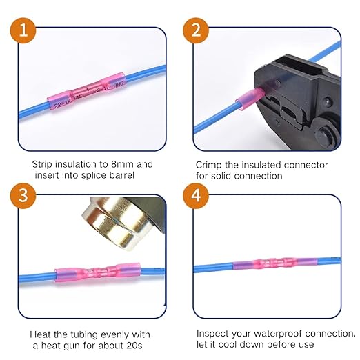200 Pcs Blue Heat Shrink Butt Connectors, 16-14 AWG Waterproof Electrical Crimp Terminal Splice Wire Connectors for Marine, Automotive, Cable, Wiring