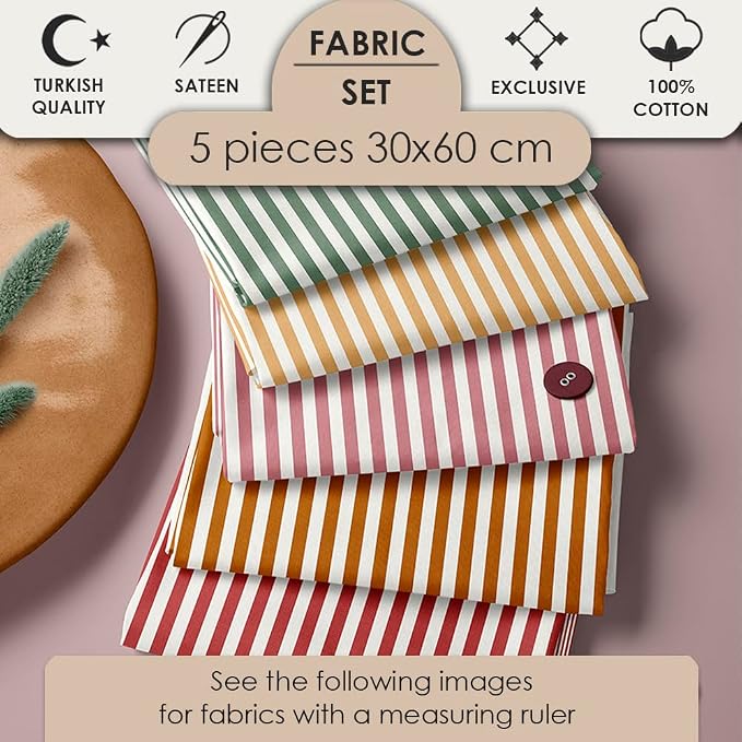 Striped Cotton Fabric Bundle, 5 Coordinating Stripe Fabric Panels, 23.6 x 11.8 - Image 2