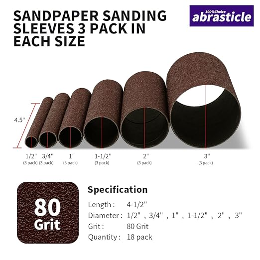 18 Pack Spindle Sander Sleeves, Sanding Sleeves for Oscillating Sander, 80 Grit Sandpaper, 4-1/2" Length, Each 3 of 1/2",3/4",1",1-1/2", 2", 3" Diameter