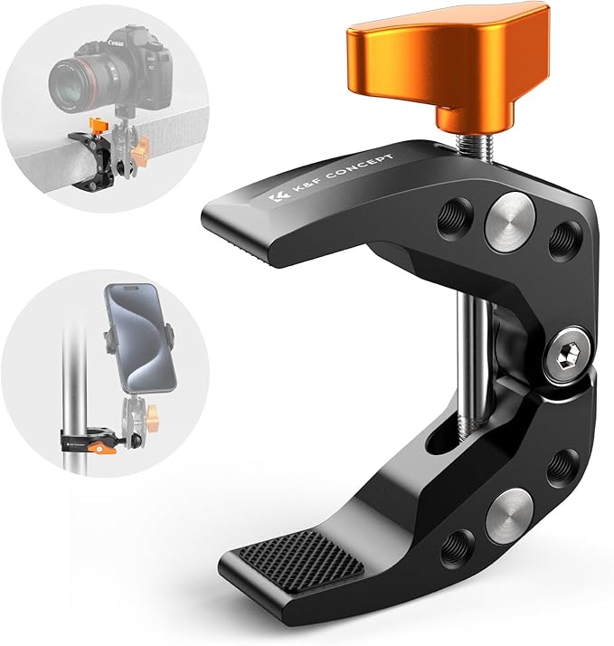 K&F Concept Camera Mount Clamp, Super Crab Clamp with 1/4" Thread Holes, 60mm Max Opening, Payload 11 Lbs/5kg, for Round Pipe Flat Surface, Monitors, LED Lights, and Other Photographic Accessories