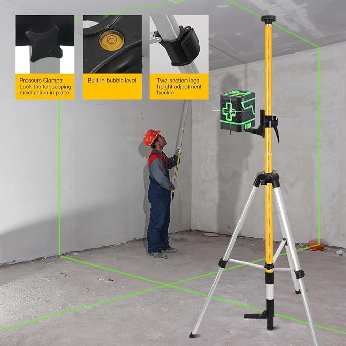 MOETER 12 Ft./3.7M Laser Level Pole with Tripod, Laser Stand Pole with 1/4"-20 & 5/8"-11 Threaded Adapter, Telescoping Laser Level Tripod for Rotary and Line Lasers