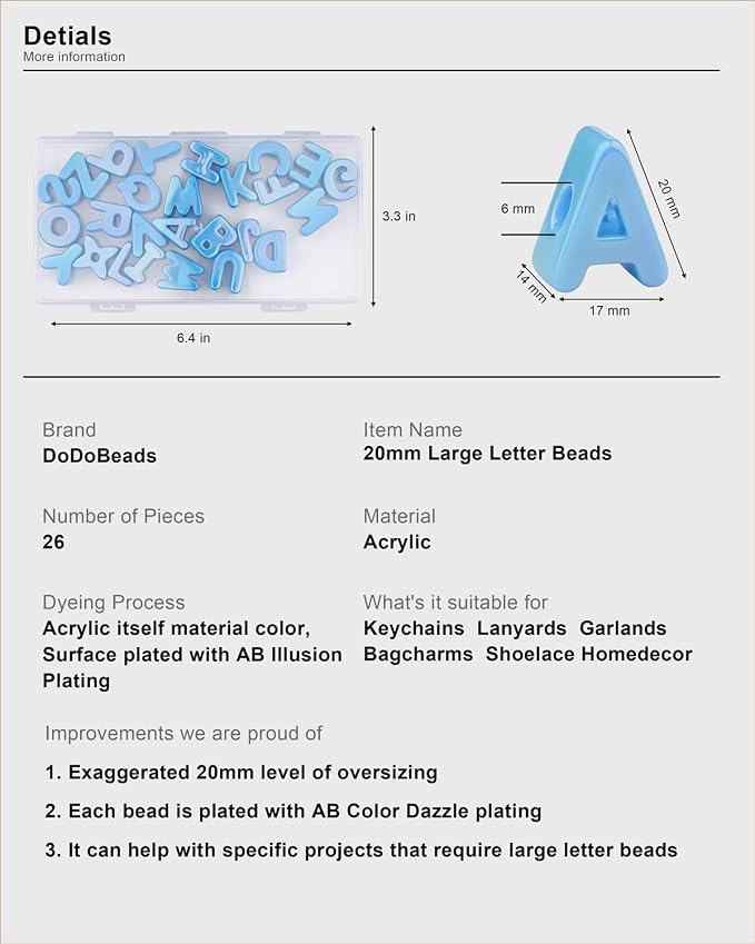 DoDoBeads 26 Pcs 20mm Large Square Letter Beads, Cute Blue Big Alphabet Beads - Image 4