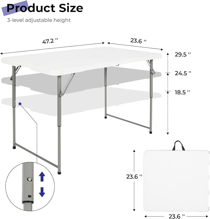 Byliable Folding Table 4 Foot Portable Heavy Duty Plastic Fold-in-Half Utility - Image 3