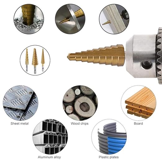 Aleric Step Drill Bit Set - Titanium Coated, High Speed Steel Drill Cone Bits for Aluminum, Wood and Plastic Hole Drilling Cutting, Multi Size Hole Stepped Up Unibit for DIY Lovers,3pcs