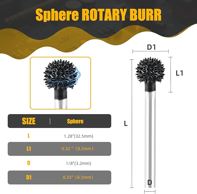 CAELUM 1 Pcs Sphere Rotary Burr Kit, 1/8" Shaft, Very Coarse - Woodworking Attachment for Dremel, Foredom, DeWalt, Milwaukee Tools, Carving Burrs for Carving Engraving in Wood, Rubber, Plastic