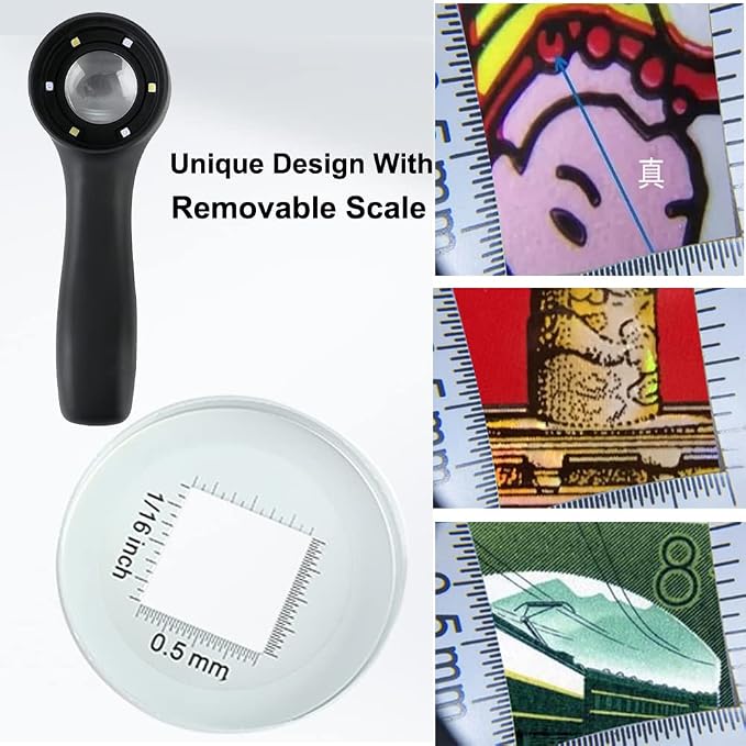 Handheld Jewelers Loupe with Scale, Magnifying Glass Loop with UV and LED Light - Image 2