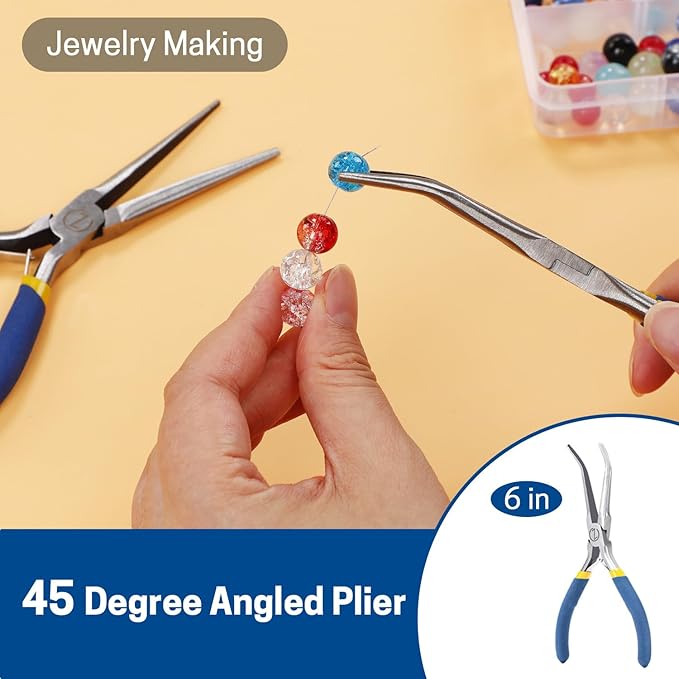VISEMAN 6" Mini Needle Nose Pliers with Comfort Grip Handles, Long Nose Pliers for Handmade Craft, 45 Degree Bent