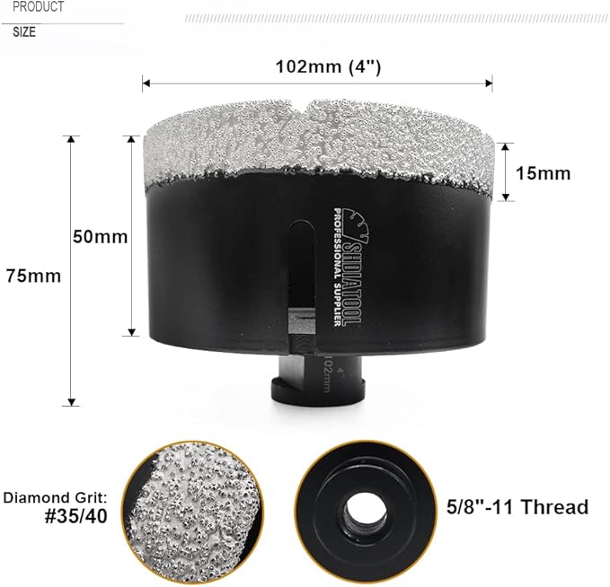 SHDIATOOL Diamond Core Drill Bits, Diameter 4-inch Tile Hole Saw, Driling Depth 35mm for Porcelain Ceramic Marble Nature Stone 5/8"-11 Thread