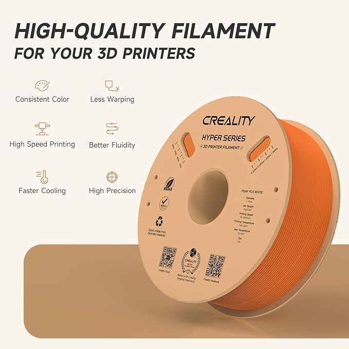 Official Creality Hyper PLA Filament 1.75mm, High Speed PLA 30-600mm/s 3D Printer Filament, Dimensional Accuracy +/-0.02mm, Fit Most FDM 3D Printers，1KG(2.2lbs) Spool Orange