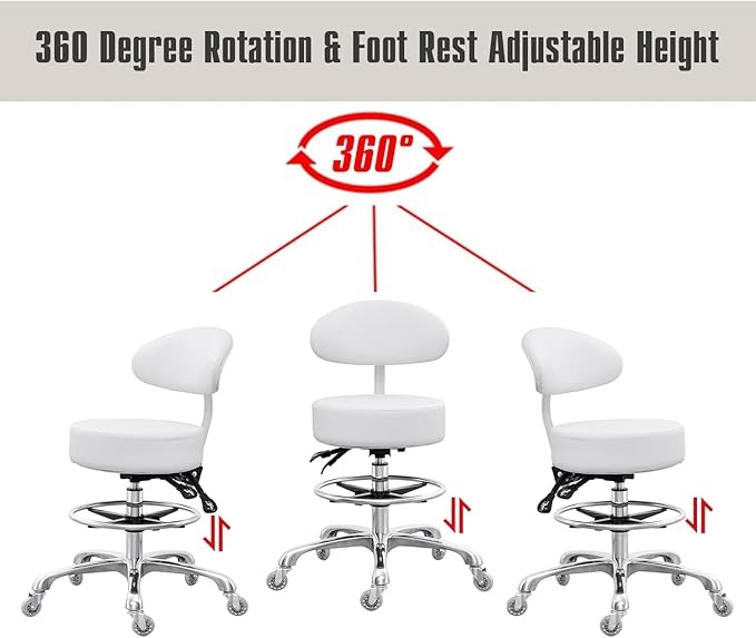 Grace&Grace Drafting Chair Big Cushion Rolling Stool with Back, Tall Shop Stool Rolling Chair with Footrest for Studio, Workshop, Classroom, Lab, Counter, Home Office (White)