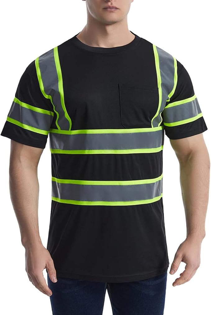 High Visibility Shirts Quick Dry Safety T Shirts with Reflective Strips and Pocket Short Sleeve Mesh Hi Vis Construction Work Class 2 Shirt for Men/Women Black,2XL