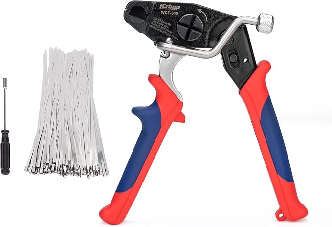iCrimp Zip Tie Gun, One-Handed Stainless Steel Cable Tie Tool for Tension & Cutting Zip Ties, Metal Zip Tie Tool with 100pcs 11.8" Metal Cable Ties and Release Tool, WCT-319