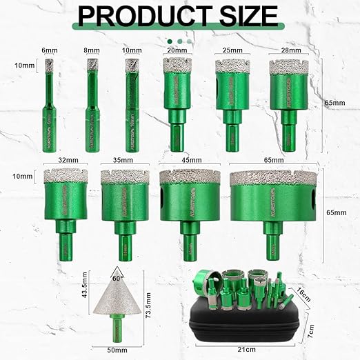 Diamond Core Drill Bit Kit - 6/8/10/20/25/28/32/35/45/65mm Triangle Shank +2"(50mm) Hex Shank Beveling Chamfer Bit Tile Hole Saws for Dry Drilling Porcelain Ceramic Tile Granite Marble Stone