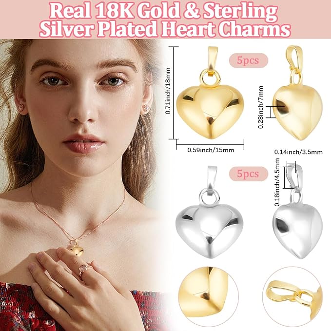 Beebeecraft 10Pcs 2 Colors Heart Charms 18K Gold Plated & 925 Sterling Silver - Image 2
