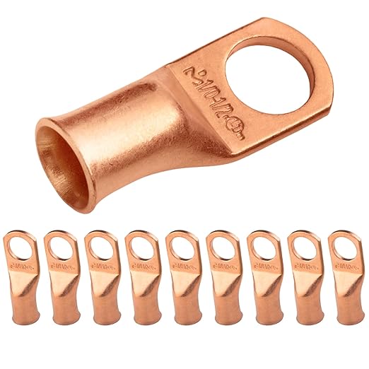 SELTERM 10pcs 1/0 AWG - 1/2" Stud - Battery Lugs, Heavy Duty Wire Lugs, Ring Terminals, Battery Cable Ends,0 Gauge Terminals, UL Bare Copper Eyelets Electrical Battery Terminal Connectors