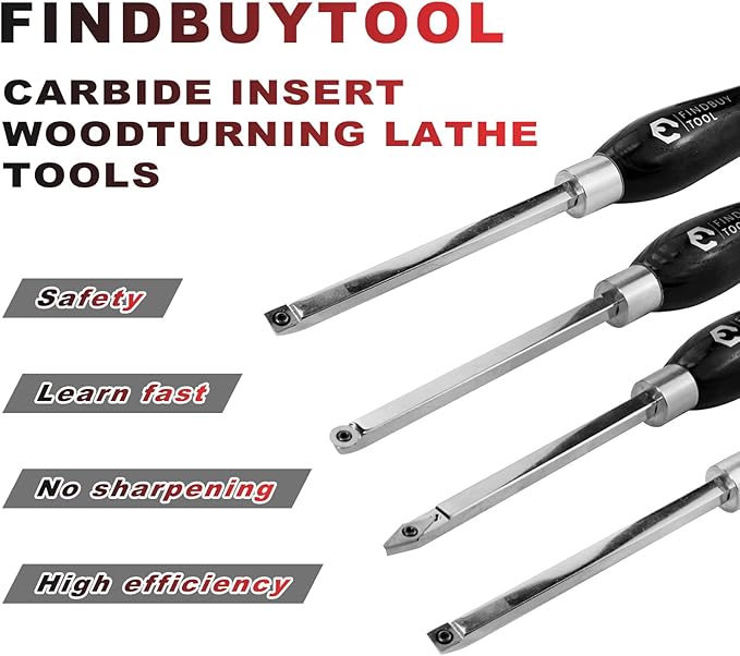 FindBuyTool Woodturning Tools, 4pcs Carbide Tipped Lathe Tools, Carbide Lathe Turning Tools set for Woodworking, Wood Turning Tools for Lathe, Mid Size