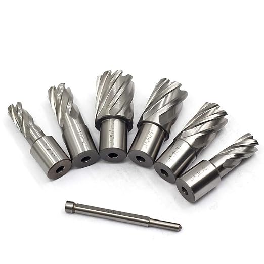 OSCARBIDE Annular Cutter Set 7 Pieces 3/4" Weldon Shank 1"Cutting Depth,1/2 to 1-1/16 inch Diameter,2 Flats Annular Cutters HSS Mag Drill Bits Kit for Magnetic Drill Press with 1 Pieces Pilot Pin