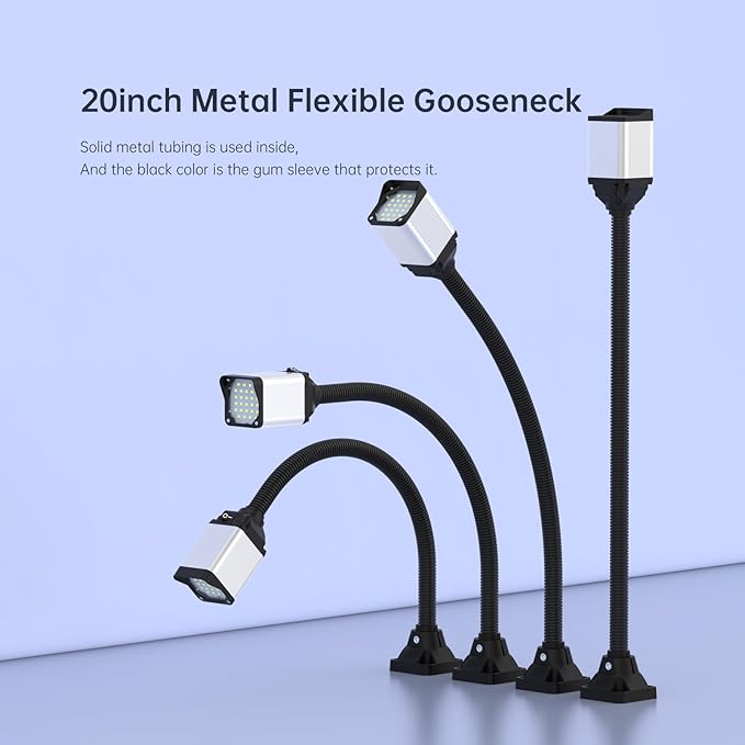LED lathe Work Light, 20in Flexible GooseneckLamp with 28LEDs, 1200 Lumen Machine Light for Lathe CNc Milling Drill Press Sewing Machine Industrial Lighting, 120V(Base with 4screw holes)