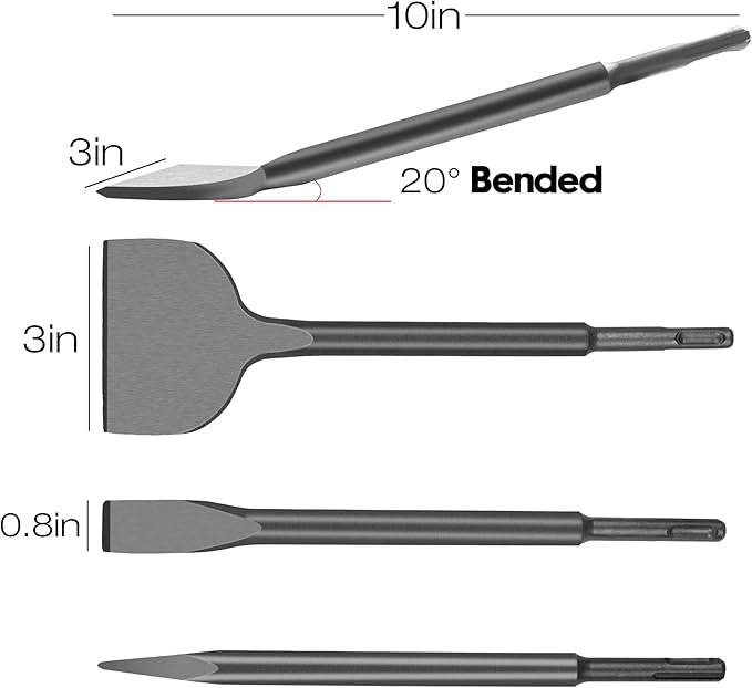 4Pcs SDS Plus Chisels Set, 3” x 10”Flat & 20° Bent Tile Removal Bits， Point & 0.8” x 10”Narrow Flat Chisel in 40Cr Alloy Steel, Fits Most Rotary Hammers & Impact Drills