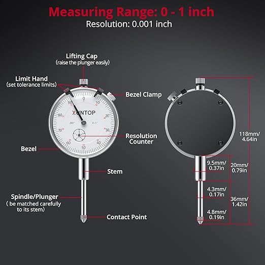 Dial Indicator 1inch/0.001inch with 132lbs/60kg Magnetic Base,Imperial Dial Test Gauge Set for Lathe,3D Printer,CNC,Car,Laboratory