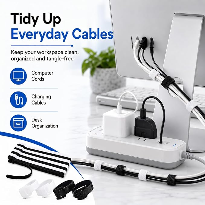 80pcs 8 Inch Cable Ties Reusable Black and White Hook and Loop Cord Ties - Image 5