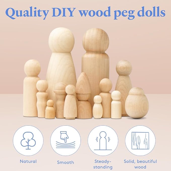 Wood Peg Dolls, 3.5 Inch Large Mom/Angel Shape Wooden Peg People, Strong Birch - Image 2