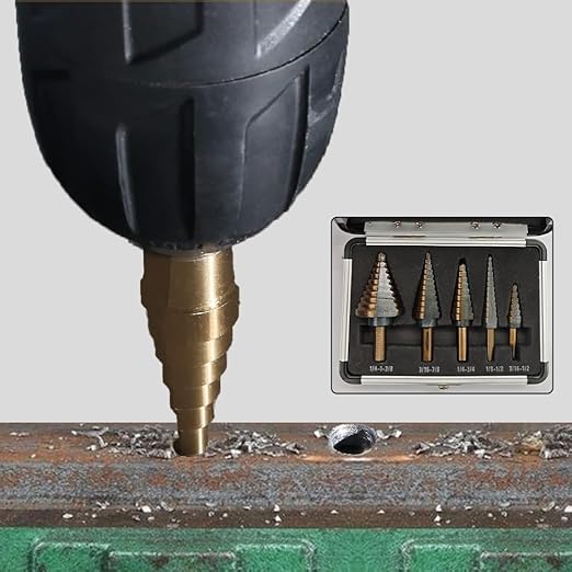 Step Drill Bits, 5PCS HSS Titanium Step Drill Bit Set,50 Sizes High Speed Steel Step Bits for with Aluminum Case
