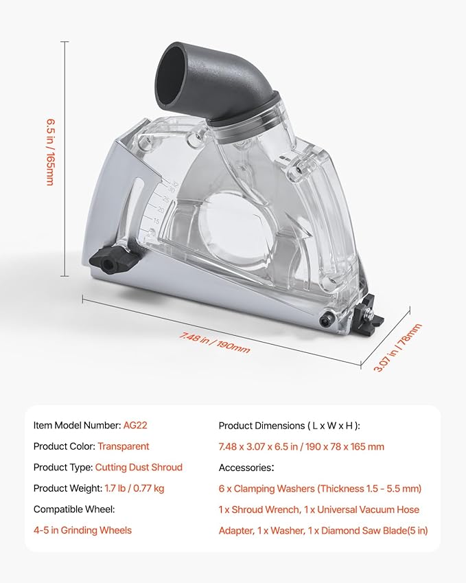 VEVOR Cutting Dust Shroud for Angle Grinders, Universal 4-5 in Angle Grinder Dust Shroud with 6 Clamping Washers & 5 in Diamond Grinding Cup Wheel, Adjustable Cutting Depth, Connect to Vacuum Cleaner