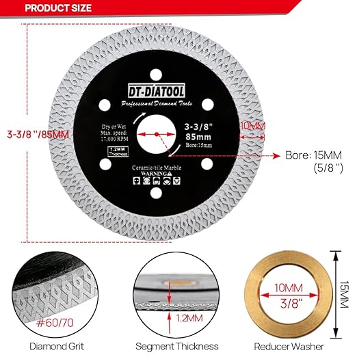 DT-DIATOOL Diamond Tile Blade 3-3/8" (85mm) Cutting Porcelain Tile Ceramic Marble Granite Circular Saw Blade with X Mesh Segment Arbor 10mm-15mm